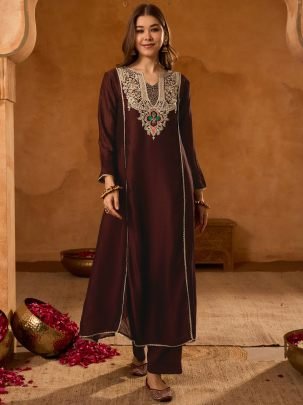 Viscose Silk Coffee Colour Kurti 3 Pcs Set