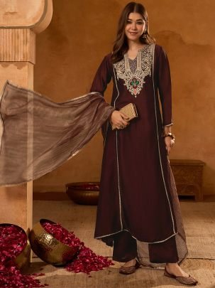 Viscose Silk Coffee Colour Kurti 3 Pcs Set