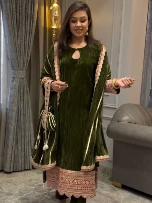 Viscose Velvet Green Colour Ready Made Suit