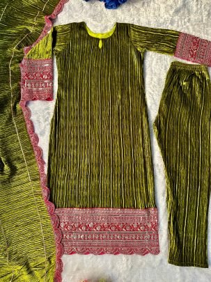Viscose Velvet Green Colour Ready Made Suit