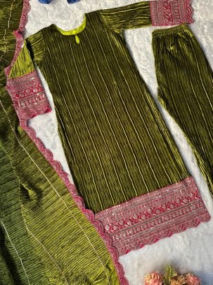 Viscose Velvet Green Colour Ready Made Suit