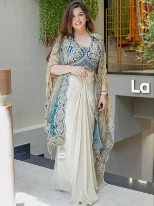 Wedding Fusion Wear Sky Blue Colour Dhoti choli With Shrug