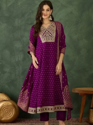 Wedding Wear Wine Colour Kurti Pant Dupatta