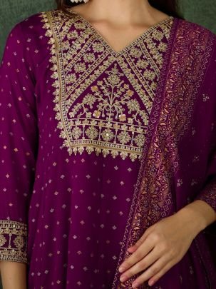 Wedding Wear Wine Colour Kurti Pant Dupatta