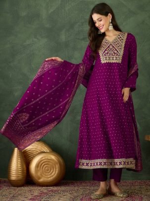 Wedding Wear Wine Colour Kurti Pant Dupatta