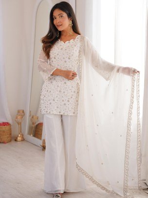 White Colour Sequence Work Palazzo Suit