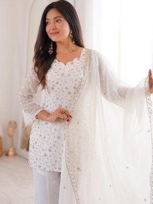 White Colour Sequence Work Palazzo Suit