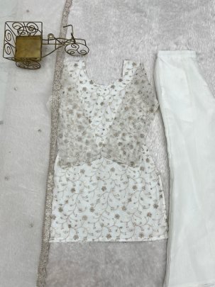 White Colour Sequence Work Palazzo Suit