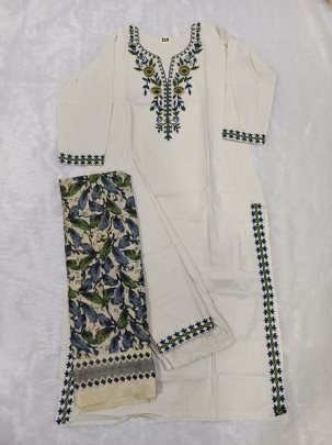Summer Special White Khadi Cotton Kurti Pant Set