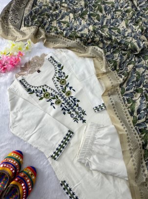 Summer Special White Khadi Cotton Kurti Pant Set