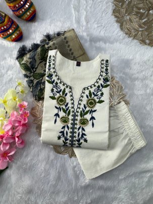 Summer Special White Khadi Cotton Kurti Pant Set