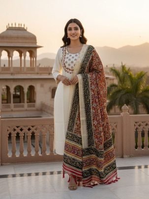 White Khadi Cotton Kurti Pant Set With Print Dupatta