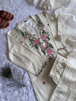 White Khadi Cotton Floral Embordered Kurti Pant Set