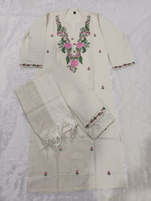 White Khadi Cotton Floral Embordered Kurti Pant Set
