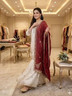 Designer Fandy Silk Maroon Sequence Sharara Set