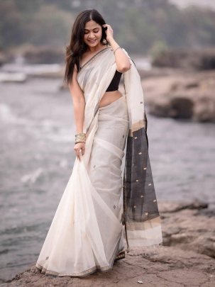 White Soft Lilan Cotton Fabric Saree With Black Weaving Rich Blouse