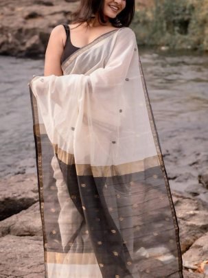 White Soft Lilan Cotton Fabric Saree With Black Weaving Rich Blouse