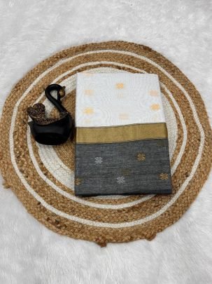 White Soft Lilan Cotton Fabric Saree With Black Weaving Rich Blouse