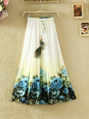 White With Blue Lotus  Ladies Skirt