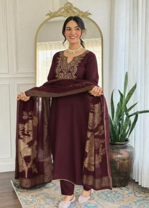 Wine colour Cotton Kurta Pant Set with Designer Chanderi Dupatta