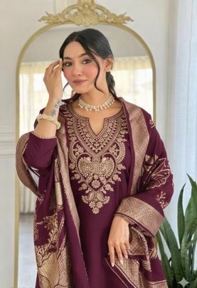 Wine colour Cotton Kurta Pant Set with Designer Chanderi Dupatta