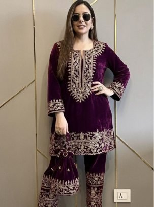 Wine Velvet Embroidered  Party Wear Kurti Set