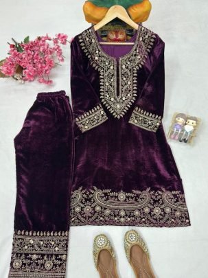 Wine Velvet Embroidered  Party Wear Kurti Set