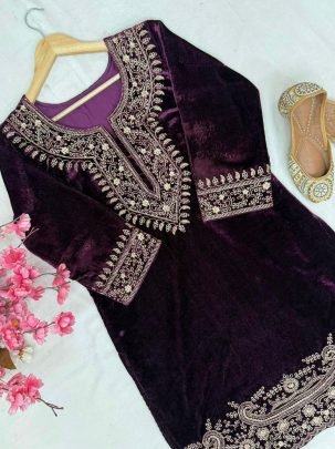 Wine Velvet Embroidered  Party Wear Kurti Set