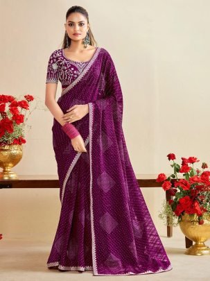 Fancy wine Bandhani Embroidery Saree 