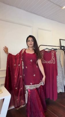 Women Heavy Embroidered Fandy Suit Set With Wne Colour
