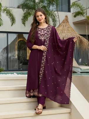 Womens Vichitra Silk Embroidered Kurta with Pant Dupatta Sets