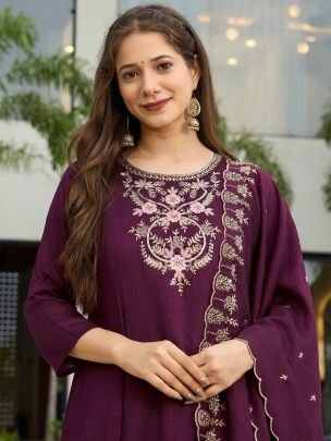 Womens Vichitra Silk Embroidered Kurta with Pant Dupatta Sets