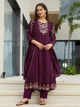 Womens Vichitra Silk Embroidered Kurta with Pant Dupatta Sets