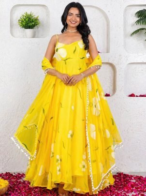 Yellow Colour  Organza Fabric  Anarkali  Suit