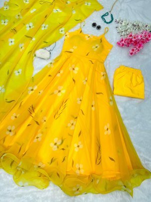 Yellow Colour  Organza Fabric  Anarkali  Suit