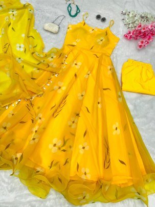 Yellow Colour  Organza Fabric  Anarkali  Suit