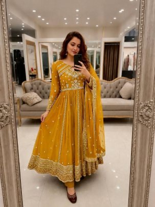 Yellow Designer Anarkali Gown Pant set For Wedding