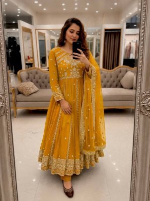 Yellow Designer Anarkali Gown Pant set For Wedding