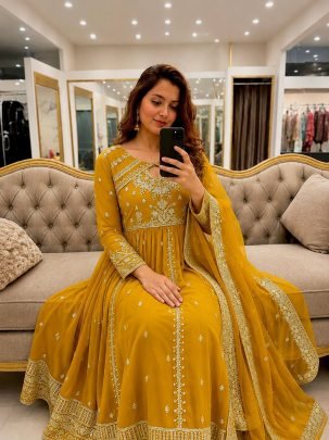 Yellow Designer Anarkali Gown Pant set For Wedding
