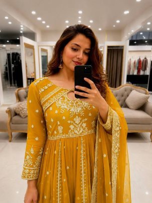 Yellow Designer Anarkali Gown Pant set For Wedding