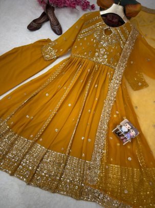 Yellow Designer Anarkali Gown Pant set For Wedding