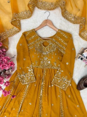 Yellow Designer Anarkali Gown Pant set For Wedding