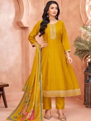 Yellow Anarkali Suit Set With Floral Printed Dupatta