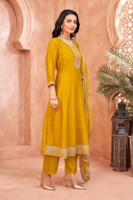 Yellow Anarkali Suit Set With Floral Printed Dupatta