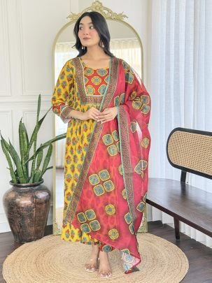 Yellow Rayon Printed Flared Kurta, Pant And Linen Dupatta
