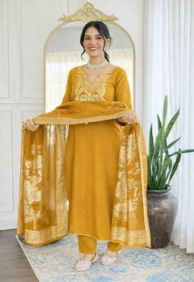 Yellow Slub Cotton Kurta Pant Dupatta Set 