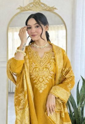 Yellow Slub Cotton Kurta Pant Dupatta Set