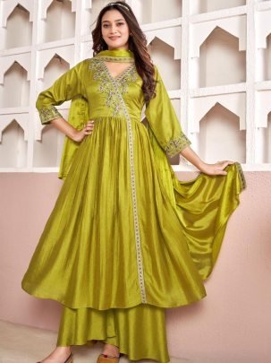 Yellow Vichitra Silk Party Wear Anarkali
