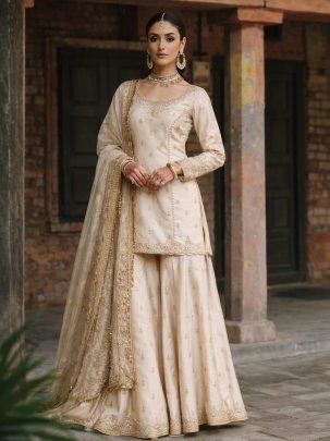 Zari Embroidery Work Golden Colour Palazzo Suit