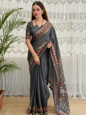 Zari Jacquard Work Grey Cotton Saree For Party Wear